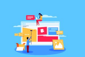 animated graphic of 3 people building a website in full color